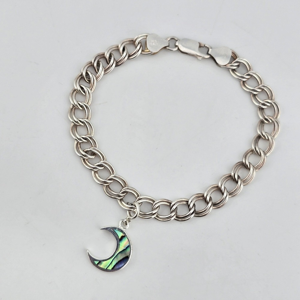 Sterling Silver 925 Italy Charm Bracelet w\ Abalone Moon Charm Size 7.75